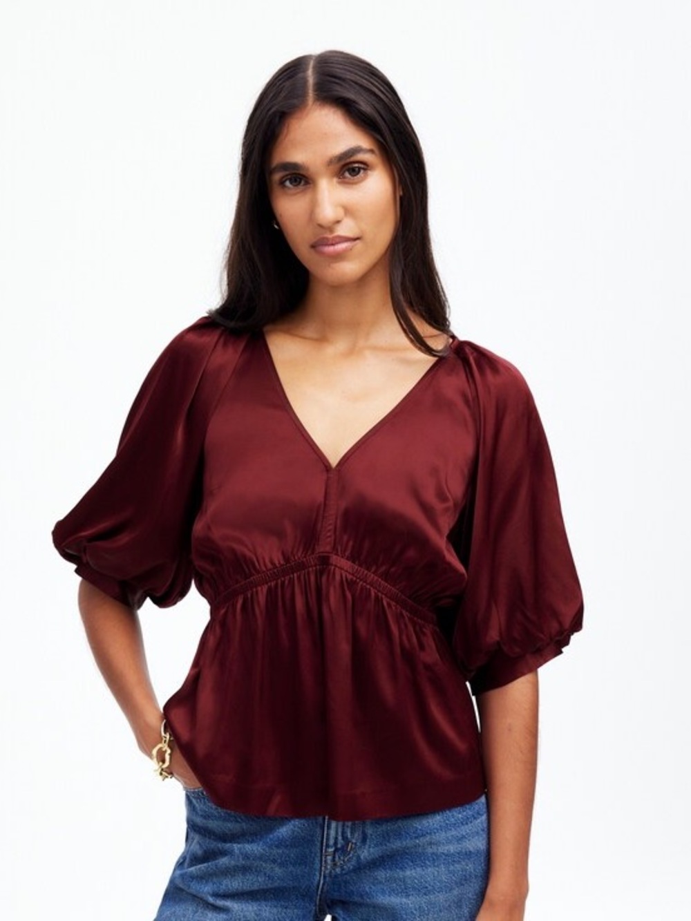 Madewell Shirred Puff sleeve Satin V-Neck Peplum Top in Wine